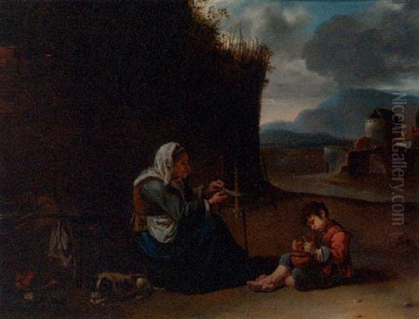 A Woman Spinning Yarn With A Boy By A Hovel, A Mountainous Landscape Beyond Oil Painting by Johannes Lingelbach