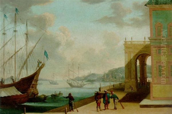 A Mediterranean Harbour With Oriental Merchants Conversing On A Quay Oil Painting by Johannes Lingelbach