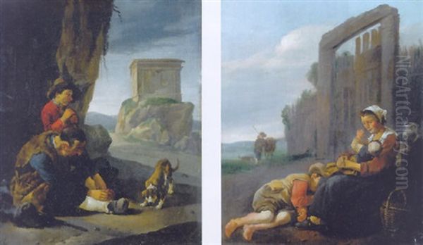 Vagabonds Resting By A Cliff On A Pass In An Italianate Landscape Oil Painting by Johannes Lingelbach