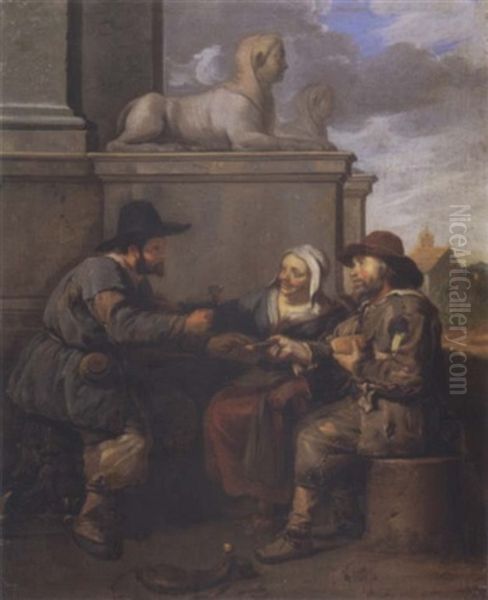 Exterior Scene With Three Peasants Eating And Drinking Oil Painting by Johannes Lingelbach