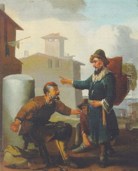 A Peddlar And A Cobbler In An Italianate Village Oil Painting by Johannes Lingelbach