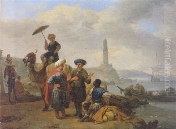 Oriental Merchants Discoursing On A Quayside With A Lighthouse And A Mediterranean Harbour Beyond Oil Painting by Johannes Lingelbach