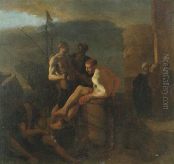 The Slavemarket - Hamnscen Med Figurer Oil Painting by Johannes Lingelbach