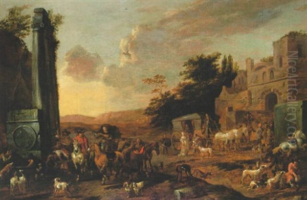 Travellers Arriving In A Village With Figures By Classical Ruins by Johannes Lingelbach