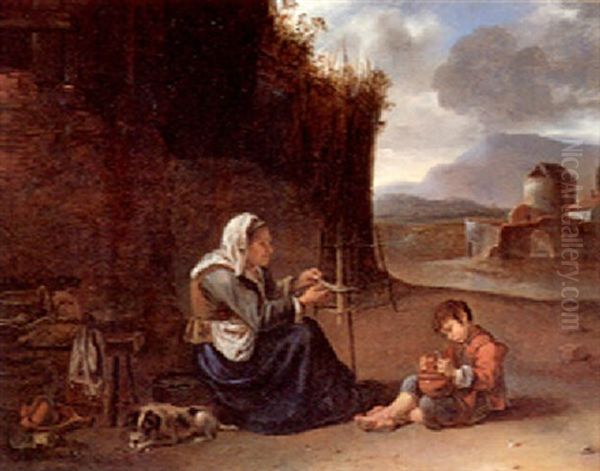 An Old Woman At The Distaff And A Playing Boy In An Italian Landscape Oil Painting by Johannes Lingelbach