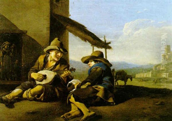 Tva Gossar I Italienskt Landskap, En Spelar Luta, En Sjungar Oil Painting by Johannes Lingelbach