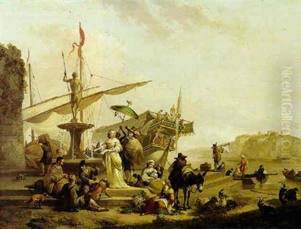 Folkeliv Ved En Havn. I Forgrunden Fornem Dame Ved En Fontaene Oil Painting by Johannes Lingelbach