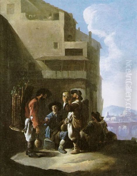 Personnages Devant Une Taverne Oil Painting by Johannes Lingelbach