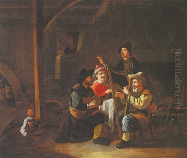 Four Musicians In An Inn Oil Painting by Johannes Lingelbach