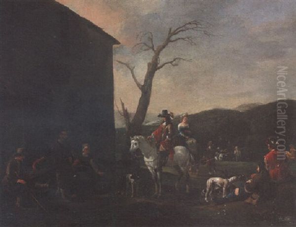 An Elegant Couple On Horseback And Other Travellers Halting At A Roadside Inn Oil Painting by Johannes Lingelbach