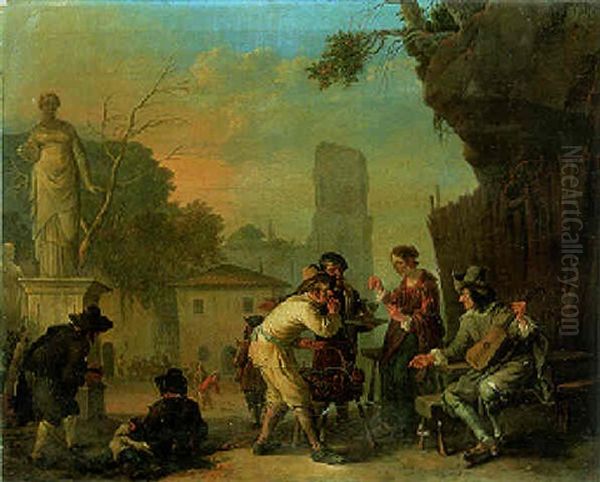 Woman Playing A Game With A Baker At A Tavern In A Piazza Oil Painting by Johannes Lingelbach