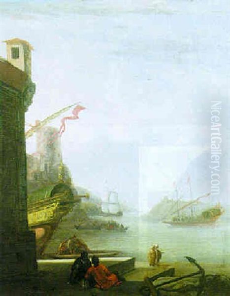 A Mediterranean Harbour Scene With Two Children Sitting On The Quayside Oil Painting by Johannes Lingelbach