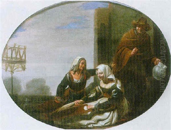 Two Women Spinning Wool With A Man Holding A Jug Behind Oil Painting by Johannes Lingelbach