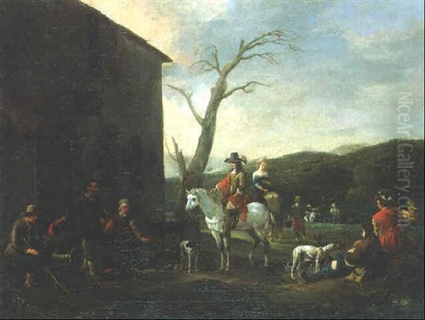 An Elegant Couple On Horseback And Other Travellers Halting At A Roadside Inn Oil Painting by Johannes Lingelbach