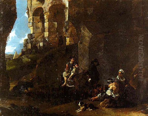 La Halte Des Bohemiens Pres Des Ruines D'un Aqueduc Oil Painting by Johannes Lingelbach