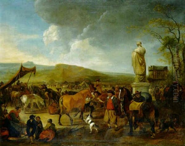 A Horse Market In An Encampment Oil Painting by Johannes Lingelbach