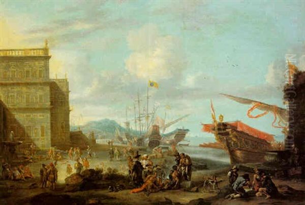 A Capriccio Of A Mediterranean Harbour With Orientals And Other Figures Conversing On The Quay Oil Painting by Johannes Lingelbach