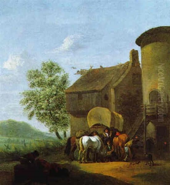 Reiter Mit Ihren Pferden Beim Hufschmied In Einer Suedlichen Landschaft Oil Painting by Johannes Lingelbach