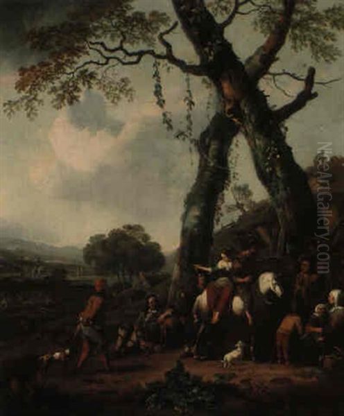 Landscape With Peasants And Hunters Halted By Two Trees Oil Painting by Johannes Lingelbach