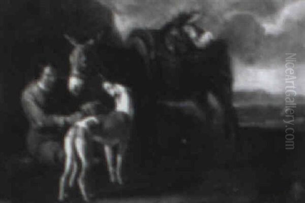 Man With A Dog And Donkey Oil Painting by Johannes Lingelbach