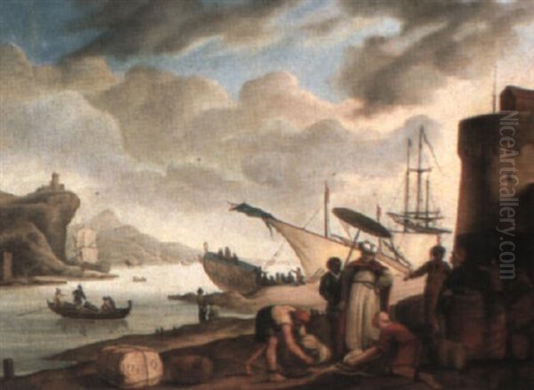 Harbor Scene With Slaves Unpacking Goods With Their Master Looking On Oil Painting by Johannes Lingelbach