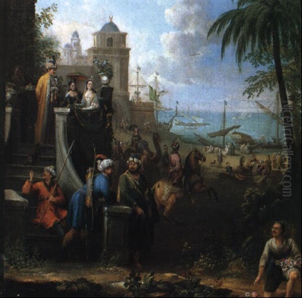 Personnages Turcs Sur Une Terrasse Dominant La Mer Oil Painting by Johannes Lingelbach