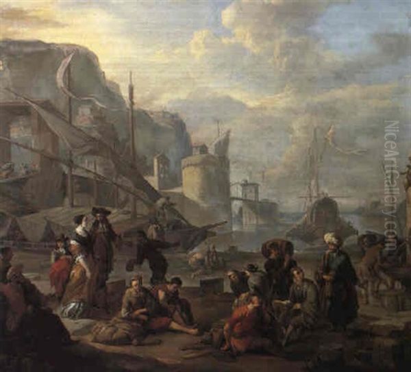 Harbour Scene With An Elegant Couple, Sailors And Figures Oil Painting by Johannes Lingelbach