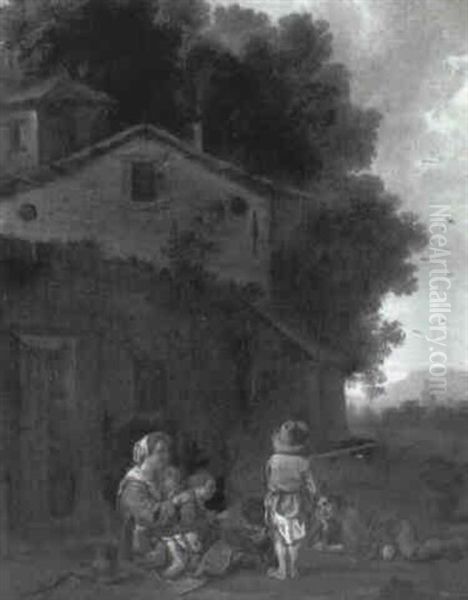 Peasant Woman And Her Children Outside A Cottage Oil Painting by Johannes Lingelbach