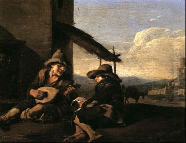 A Boy Singing Accompanied By His Fellow Playing A Lute Both Sitting On The Ground Before A House With Classical Ruins Oil Painting by Johannes Lingelbach