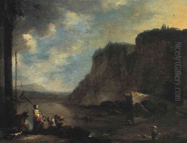 Flusslandschaft Mit Figurenstaffage Oil Painting by Johannes Lingelbach