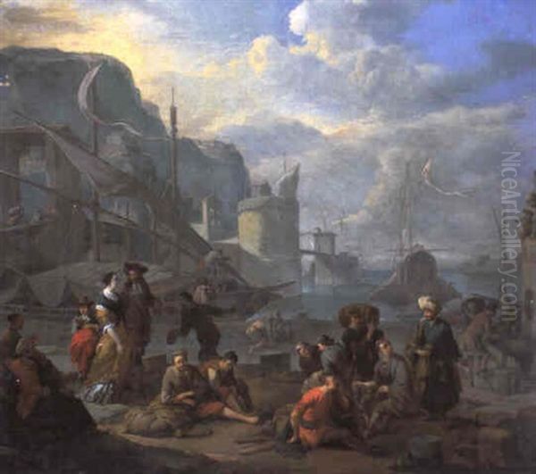 Sudlicher Hafen Mit Einem Wachturm Links Und Einer          Brunnenanlage Rechts Oil Painting by Johannes Lingelbach