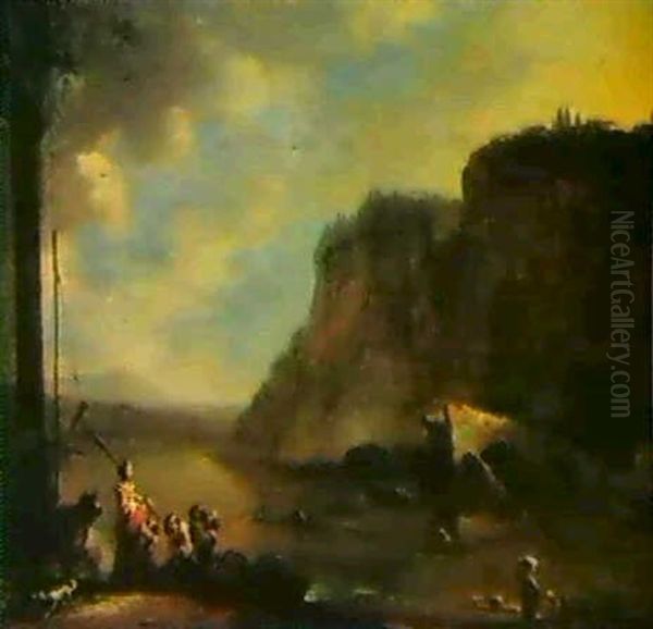 Flusslandscheft Mit Staffage Oil Painting by Johannes Lingelbach