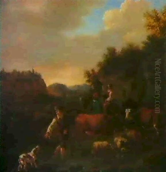 Hirten Und Herde In Einer Furt. Oil Painting by Johannes Lingelbach