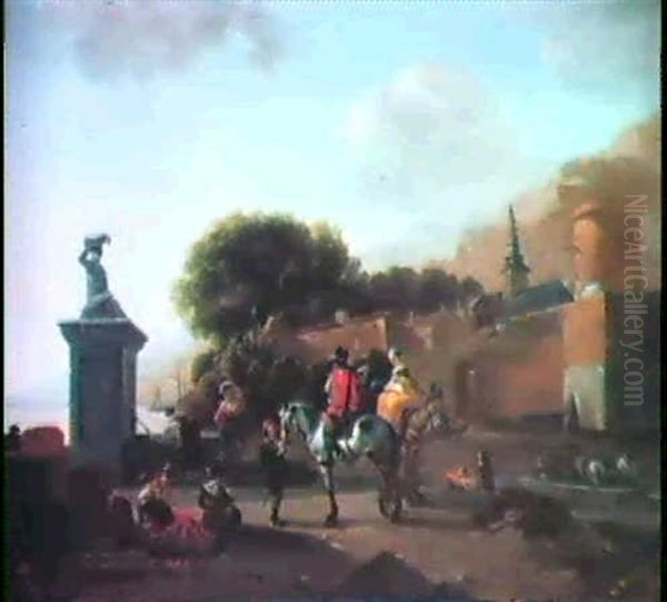 Travellers Before A Fountain Outside A Town Wall Oil Painting by Johannes Lingelbach