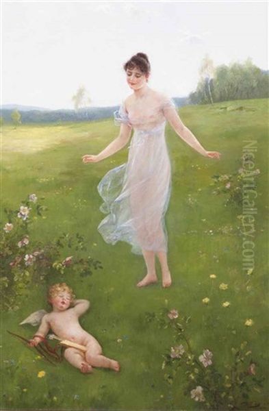 Venus And Cupid Oil Painting by Otto Theodore Gustav Lingner