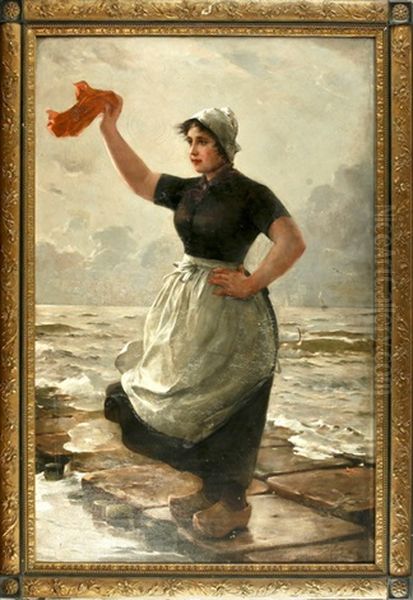 Willkommen (auf Der Mole Wartende, Mit Einem Tuch Winkende Junge Hollandische Fischersfrau) Oil Painting by Otto Theodore Gustav Lingner