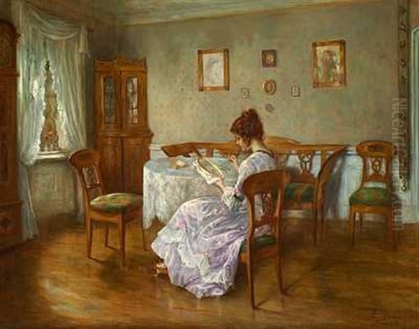 Biedermeierinterior Med Ung Pige Ved Sytojet Oil Painting by Otto Theodore Gustav Lingner