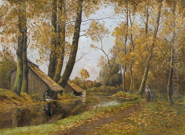 Herbstliche Bachlandschaft Mit Wascherinnen Oil Painting by Henri Linguet