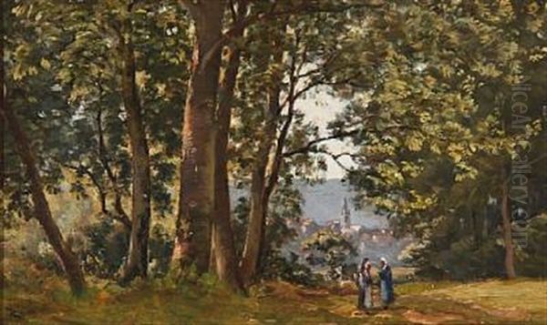 Forest Scene With Two Women In The Foreground And A Town With A Church In The Background Oil Painting by Henri Linguet