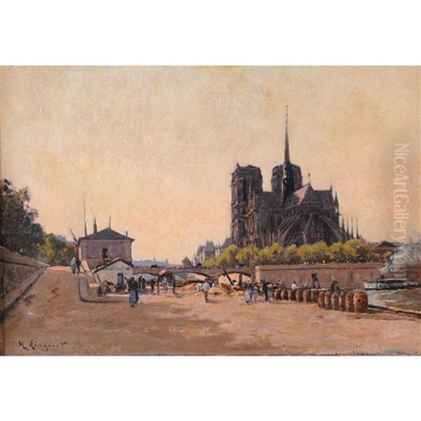 Paris, Vue De Notre-dame Depuis Les Quais Oil Painting by Henri Linguet