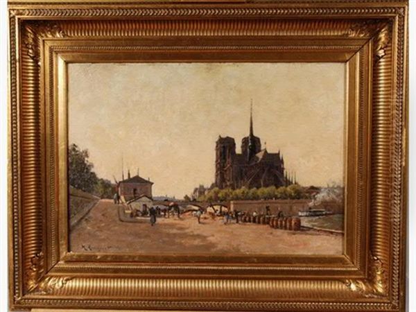 Paris, Vue De Notre-dame Depuis Les Quais Oil Painting by Henri Linguet