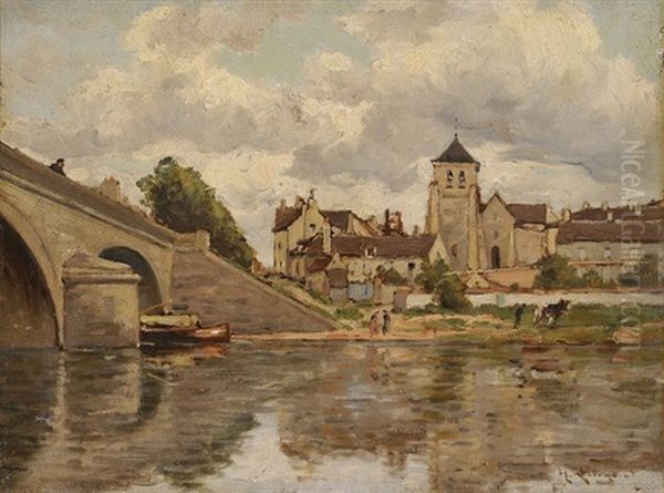 Village En Bordure De Fleuve Oil Painting by Henri Linguet