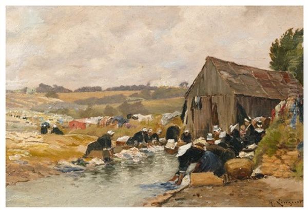 Lavandieres En Bord De Riviere Oil Painting by Henri Linguet