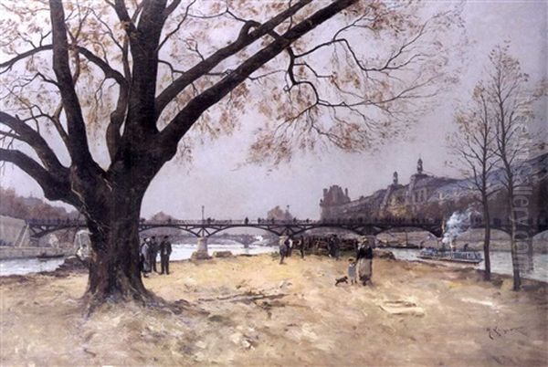 Les Quais Du Louvre Vue Depuis L'ile De La Cite Oil Painting by Henri Linguet