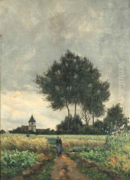 Franzosische Landschaft Bei Gewitterstimmung Mit Bauerin Auf Einem Feldweg Oil Painting by Henri Linguet