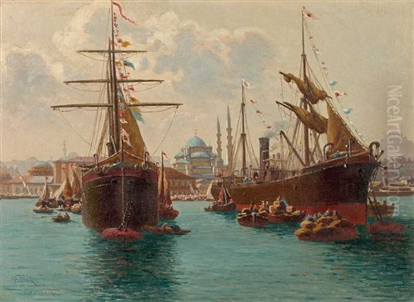 Constantinopel Auf Dem Marmara-meer ... Mosche Valide. Lebhaftes Treiben Um Ankernde Schiffe Oil Painting by Paul Rudolf Linke