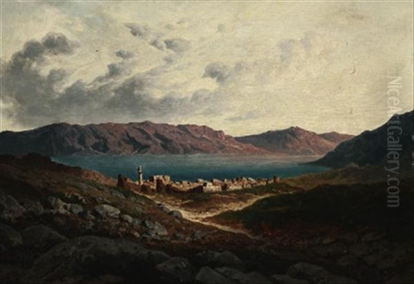 Blick Von Einer Anhohe Auf Eine Orientalische Stadt Am Ufer Eines Bergsees Oil Painting by Paul Rudolf Linke