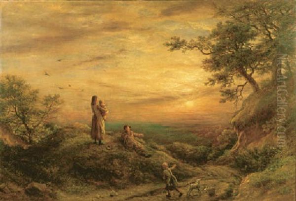 Children Admiring A Sunset Oil Painting by James Thomas Linnell