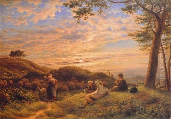 Shepherd Boys Tending Their Flock At Sunset Oil Painting by James Thomas Linnell