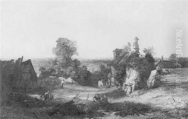 Figures Before A Ruined Cottage Oil Painting by James Thomas Linnell